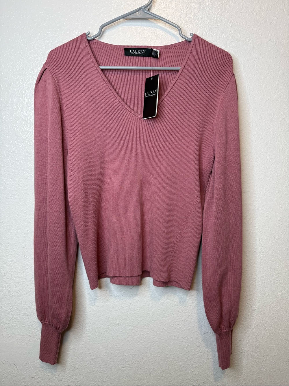 Lauren Ralph Lauren V-Neck Ribbed Knit Balloon Sleeve Fitted Sweater Size XL New